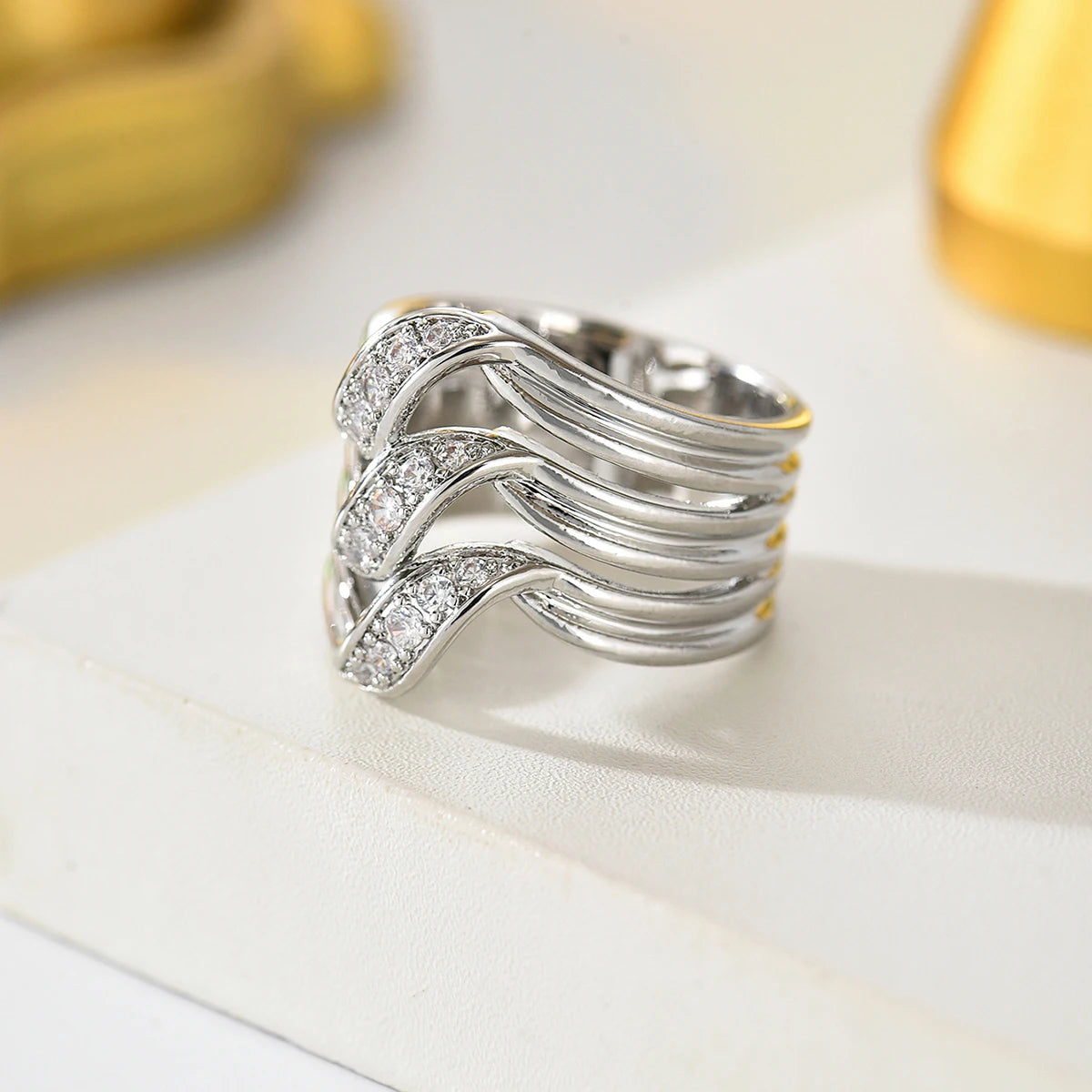 Obega Multi-Layer Leaf Shaped Ring — Paved Zirconia Wide Band Jewelry