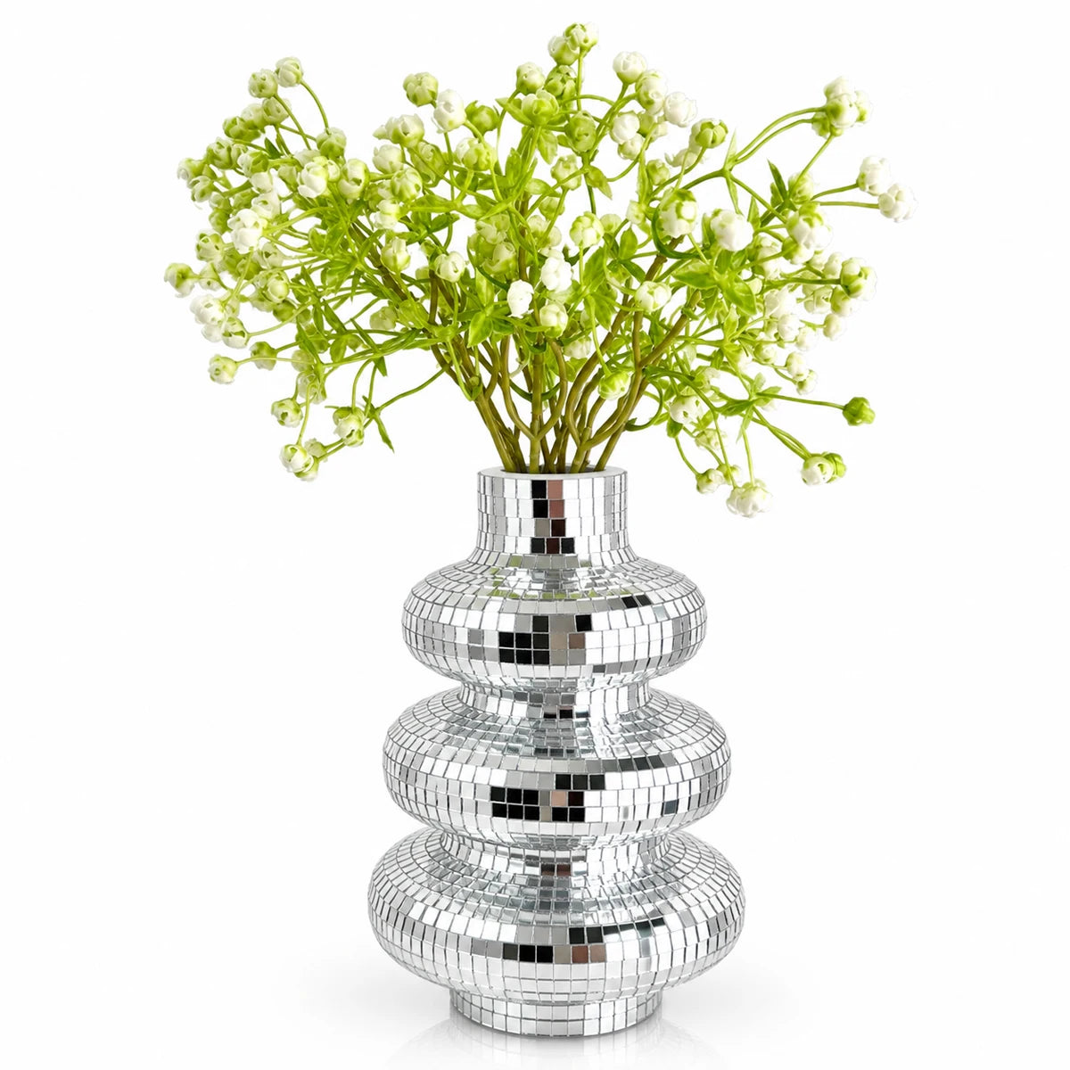 FngJiuyer Tiered Disco Ball Vase — Silver Mirror Mosaic Flower Decor