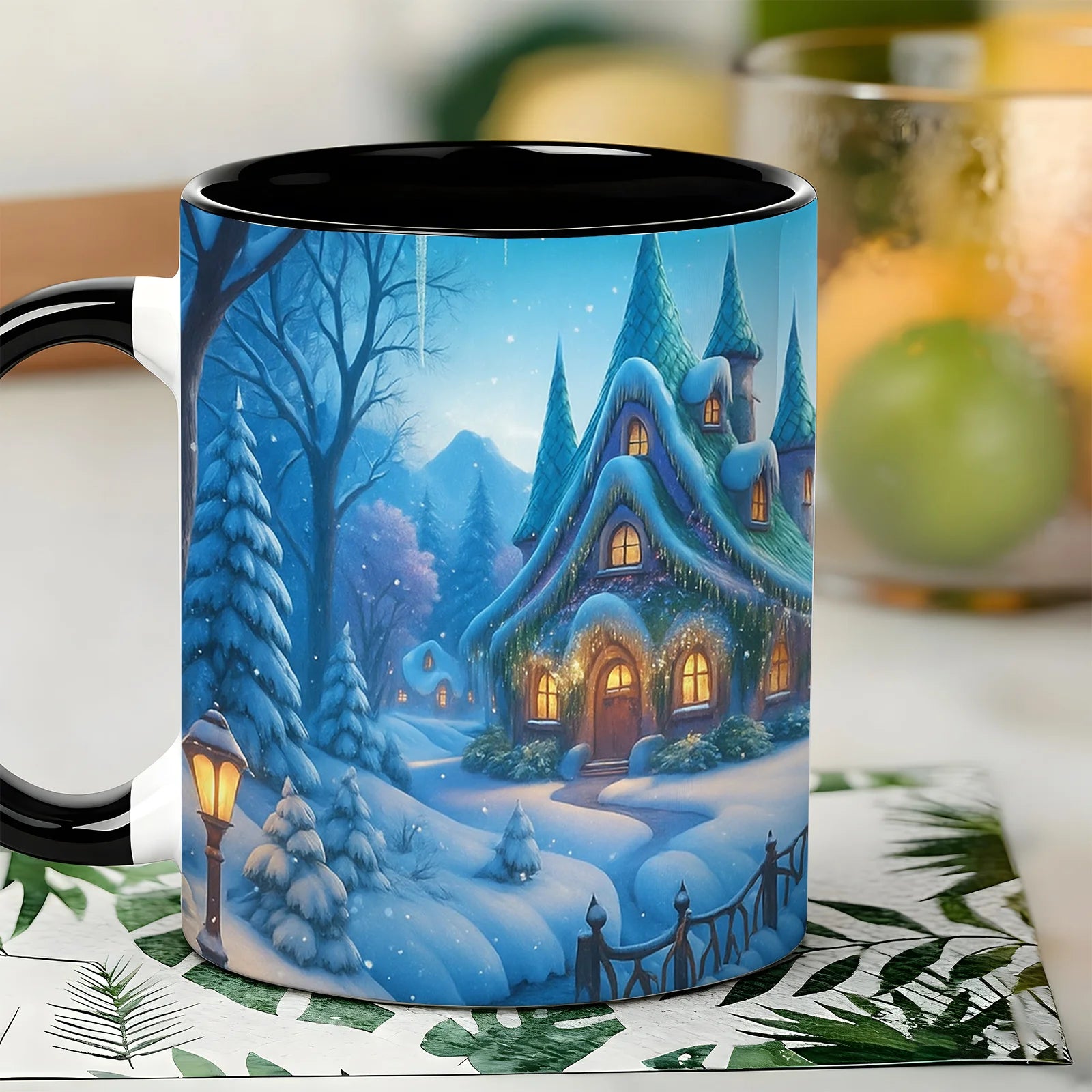 Winter Wonderland Ceramic Mug — Snowy Cottage & River Scene Coffee Cup