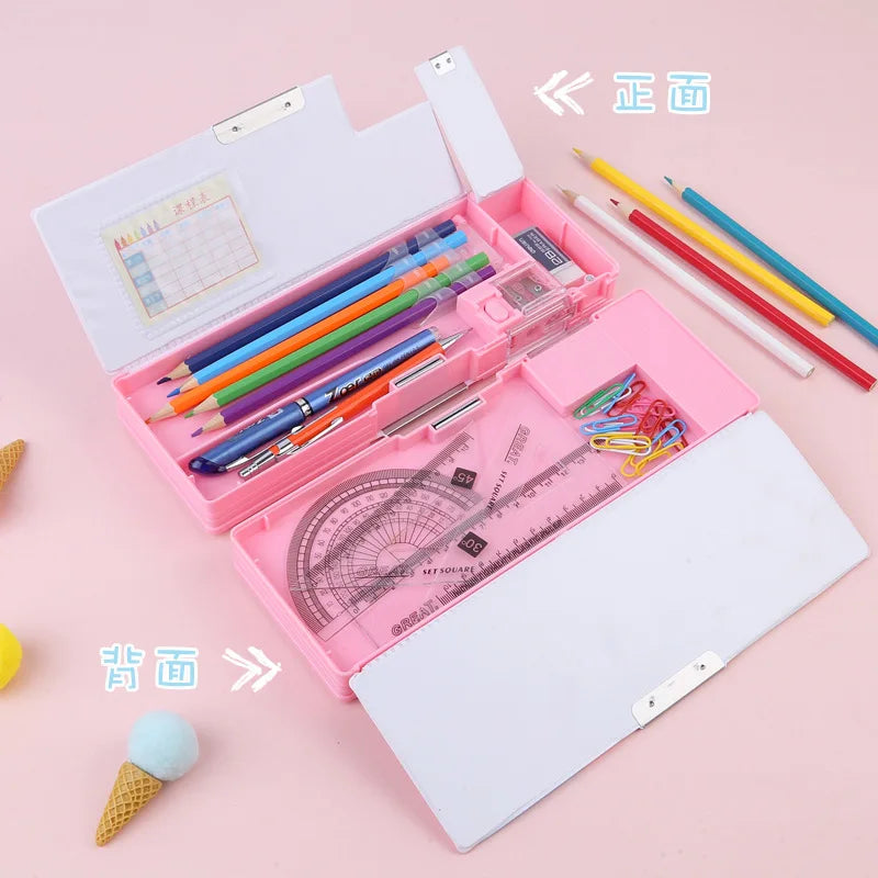 Pink Double Sided Pencil Case — Stationery Box with Built-in Sharpener