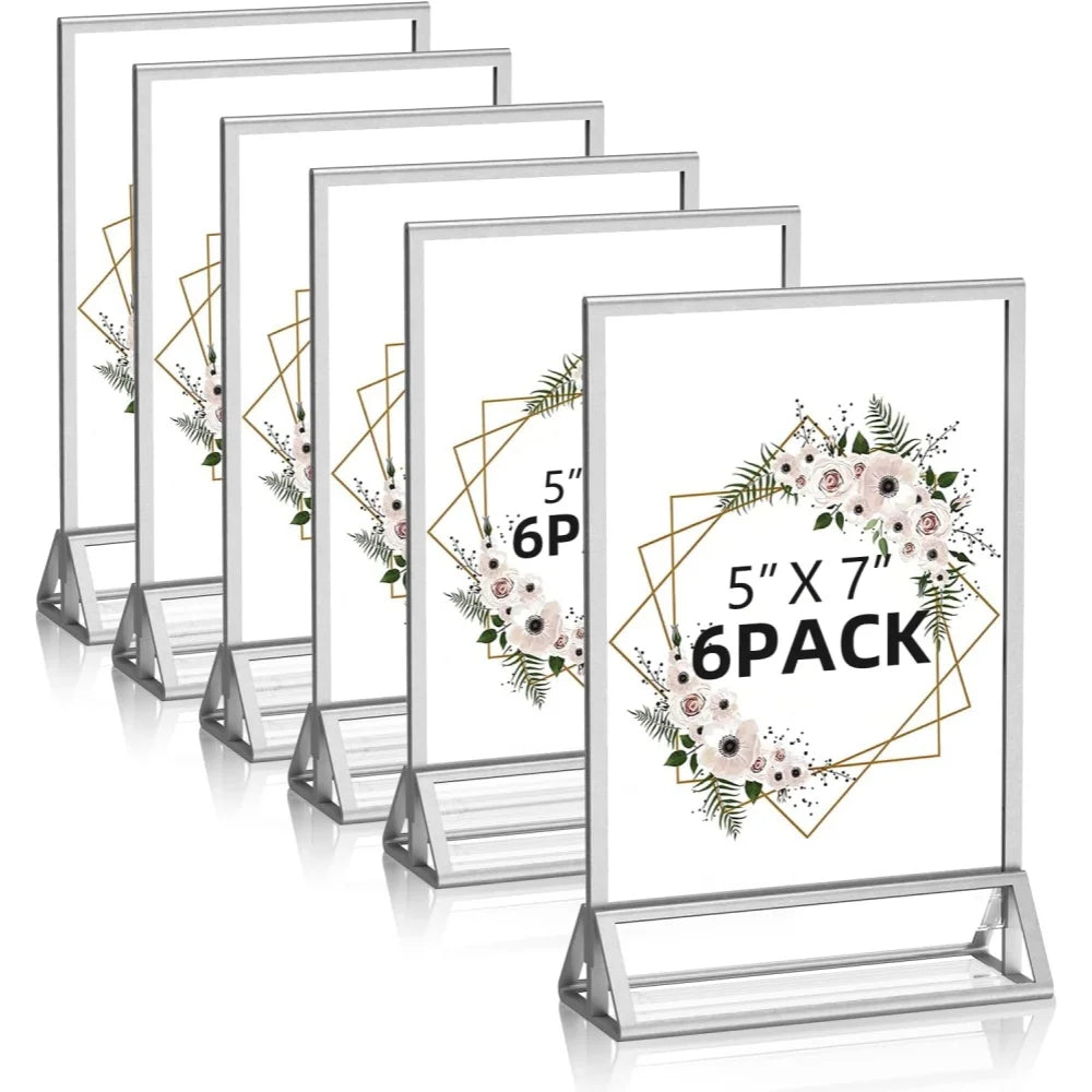 Acrylic Sign Holders — Double-Sided 5x7 Silver Picture Frames, 6 Pack