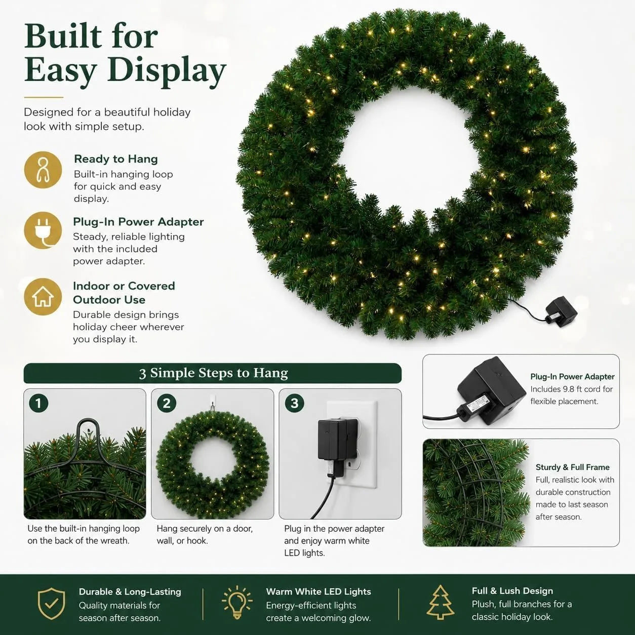 Artificial Pine Christmas Wreath — Prelit LED Greenery for Holiday Decor