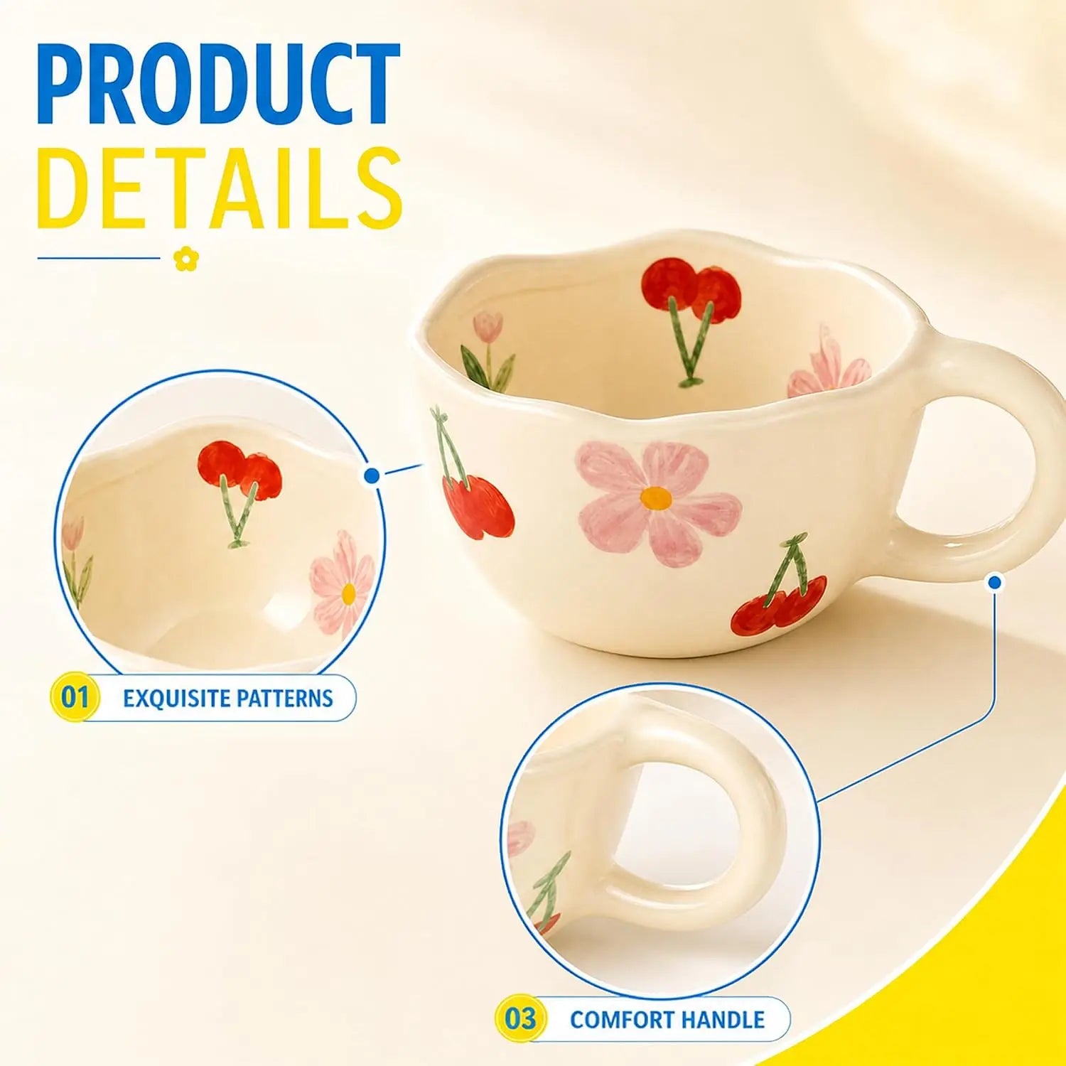 Hand-Painted Floral Ceramic Mugs — Set of 4 Decorative Coffee Cups