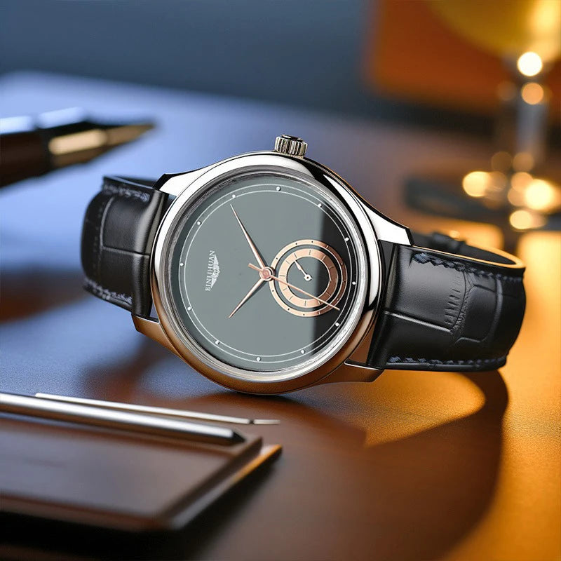 Men's Black Leather Quartz Watch — Elegant Business & Casual Timepiece