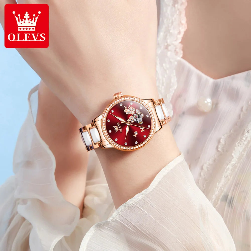 OLEVS 7001 Automatic Ladies' Watch — Elegant Ceramic Strap & Diamond Dial