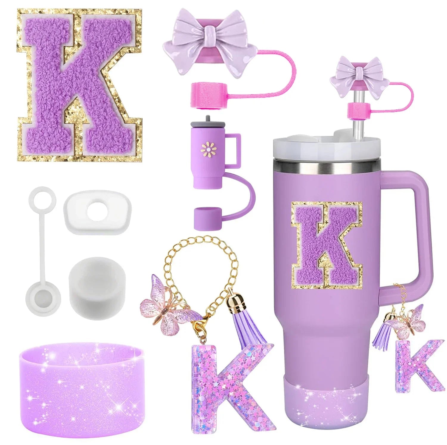 8-Piece Purple Tumbler Accessory Set — Silicone Straw Topper & Personalized Charms