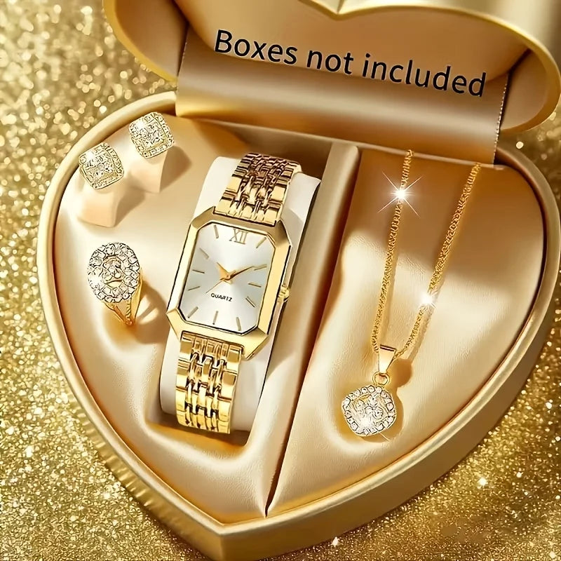 Women's Elegant Rhinestone Jewelry Set — Quartz Watch, Necklace, Ring & Earrings