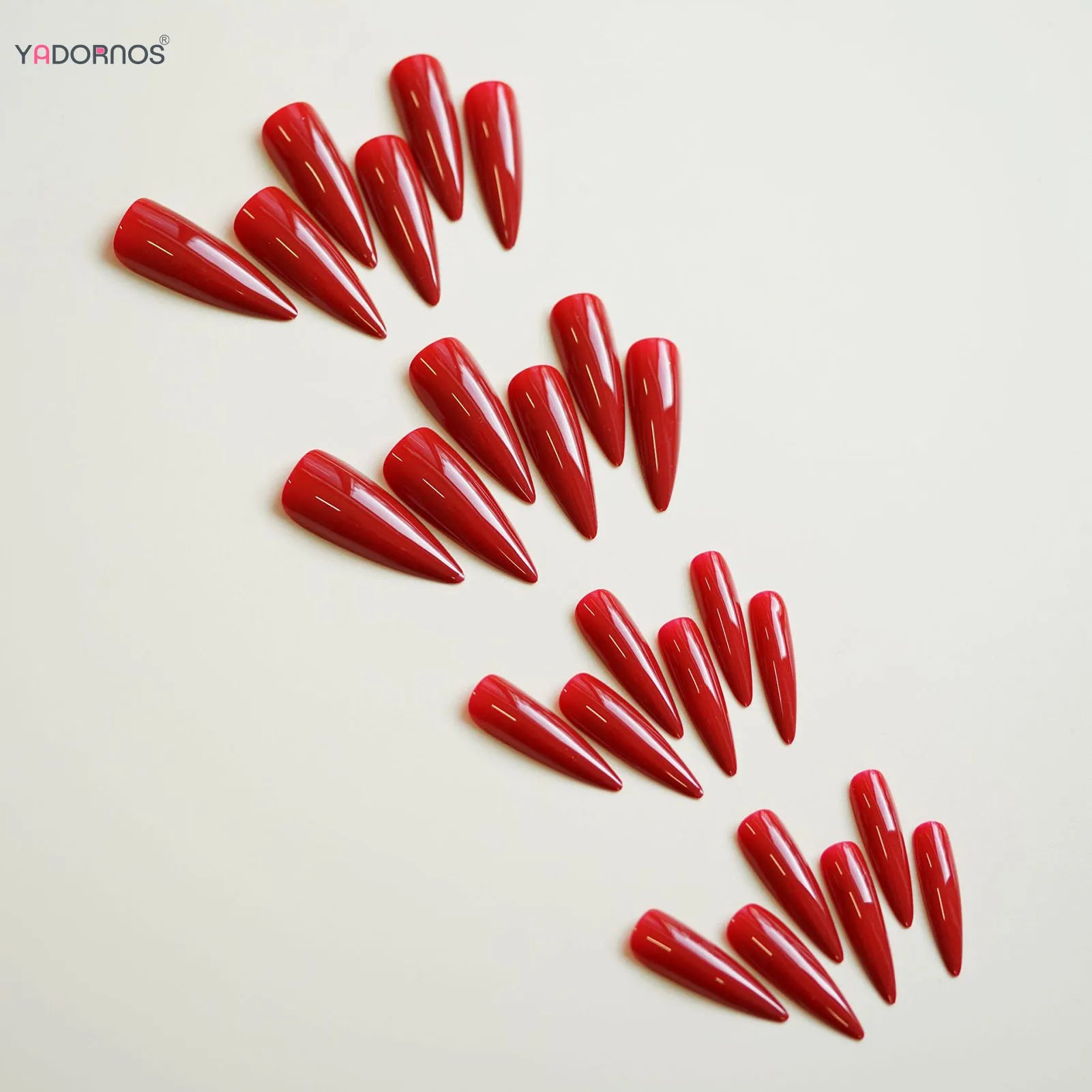 YADORNOS Solid Red Press On Nails — Long Almond Full Cover Fake Nail Set