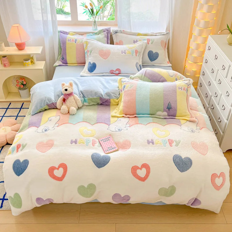 Plush Velvet Bedding Set — Warm Coral Fleece Duvet Cover & Sheet Set