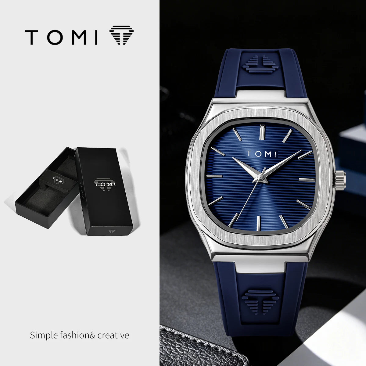 TOMI Men's Quartz Watch — Luxury Square Dial with Rubber Strap