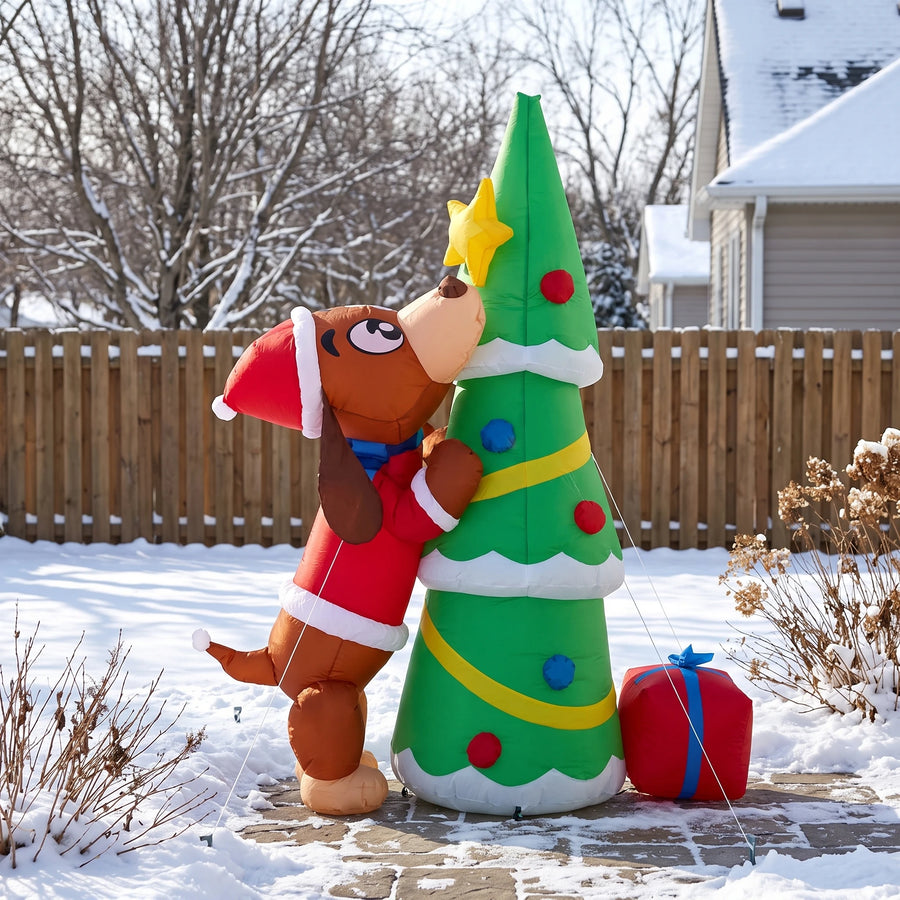 Giant Inflatable Christmas Dog with Tree — LED Light Outdoor Yard Decoration