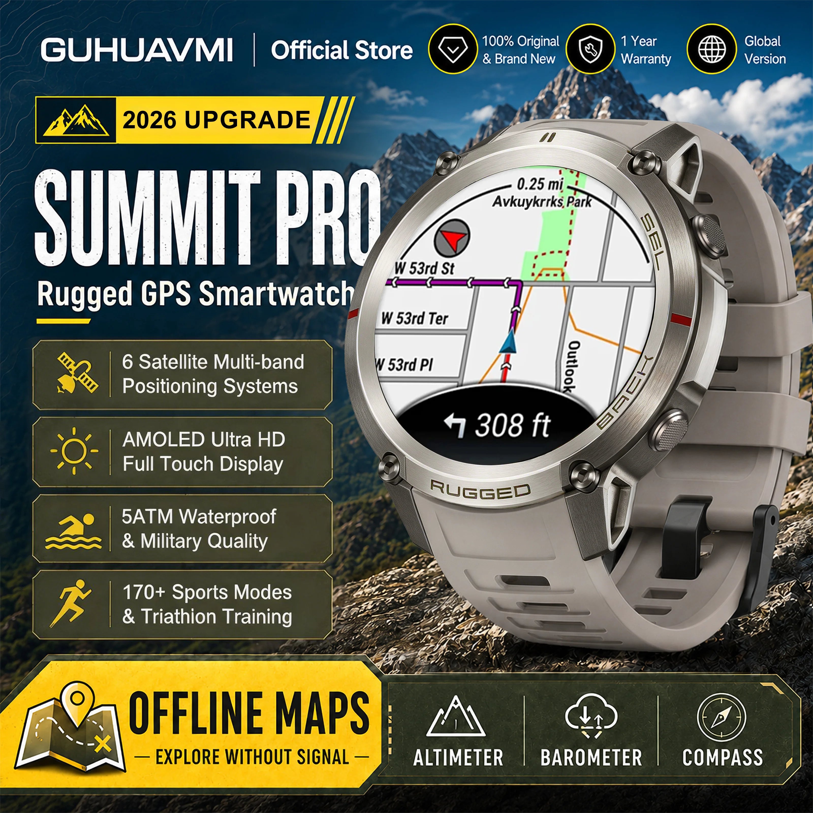 GUHUAVMI Military GPS Smartwatch — Offline Map & 5ATM Waterproof Sports Watch
