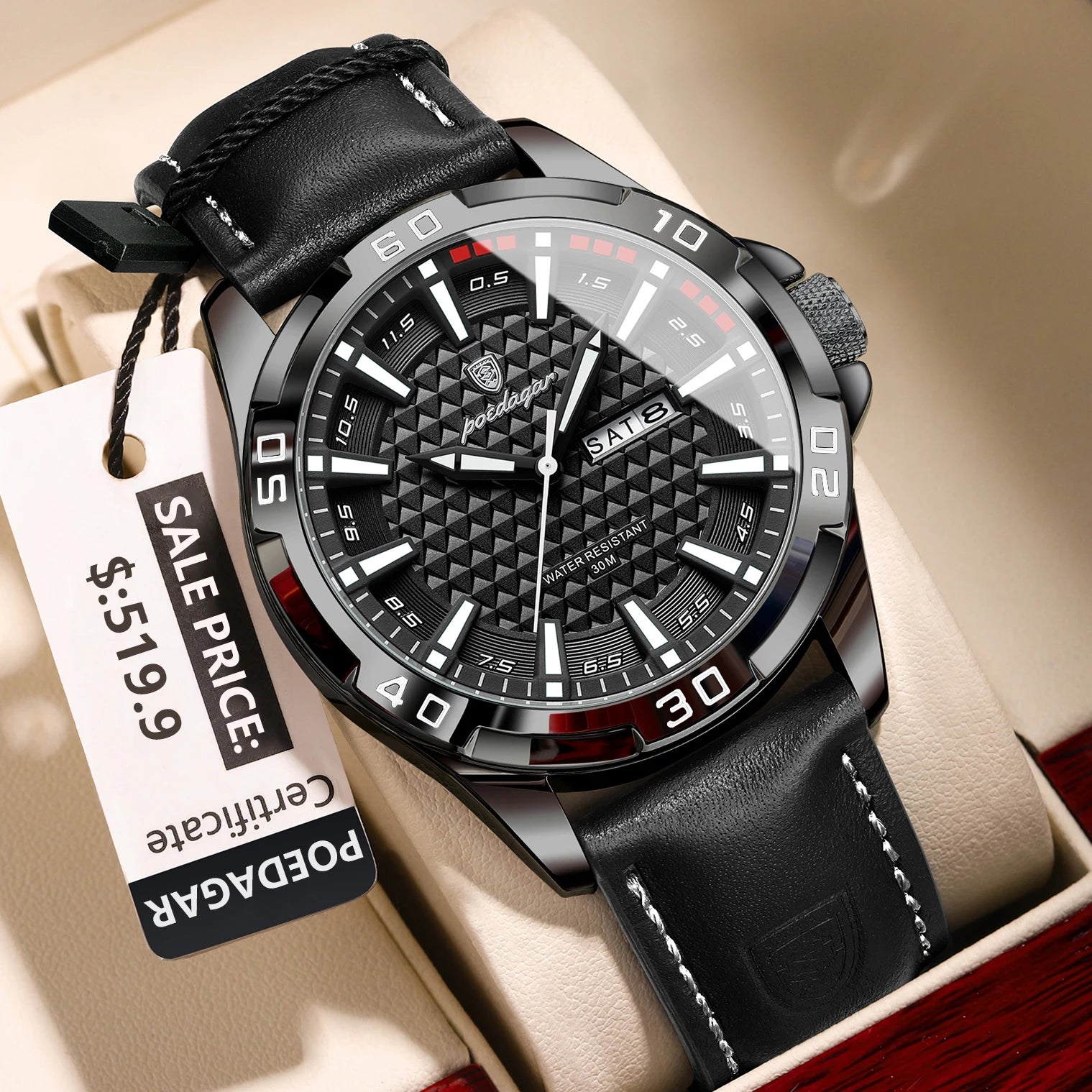 POEDAGAR Luxury Men's Quartz Watch — Waterproof Sport Design with Leather Band
