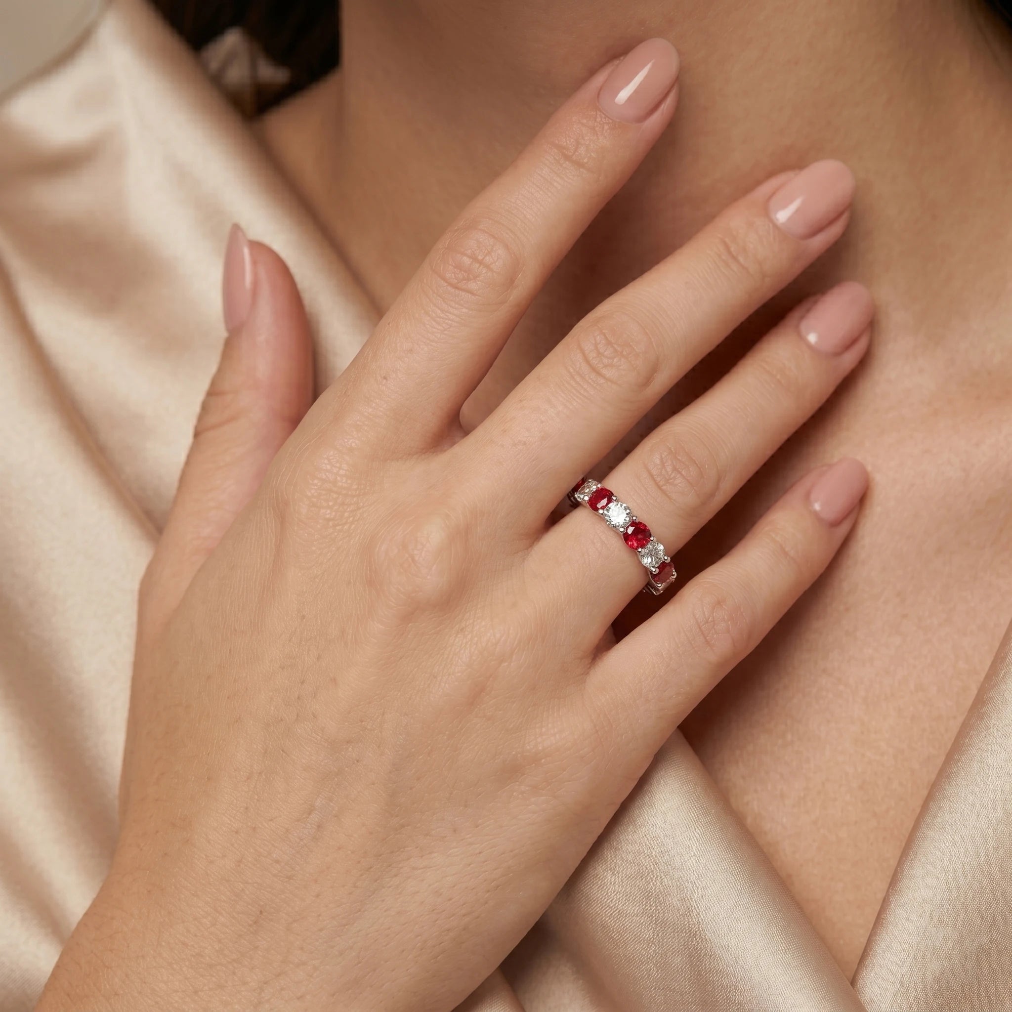 Moissanite and Lab Ruby Cocktail Ring — 925 Sterling Silver Pave Setting