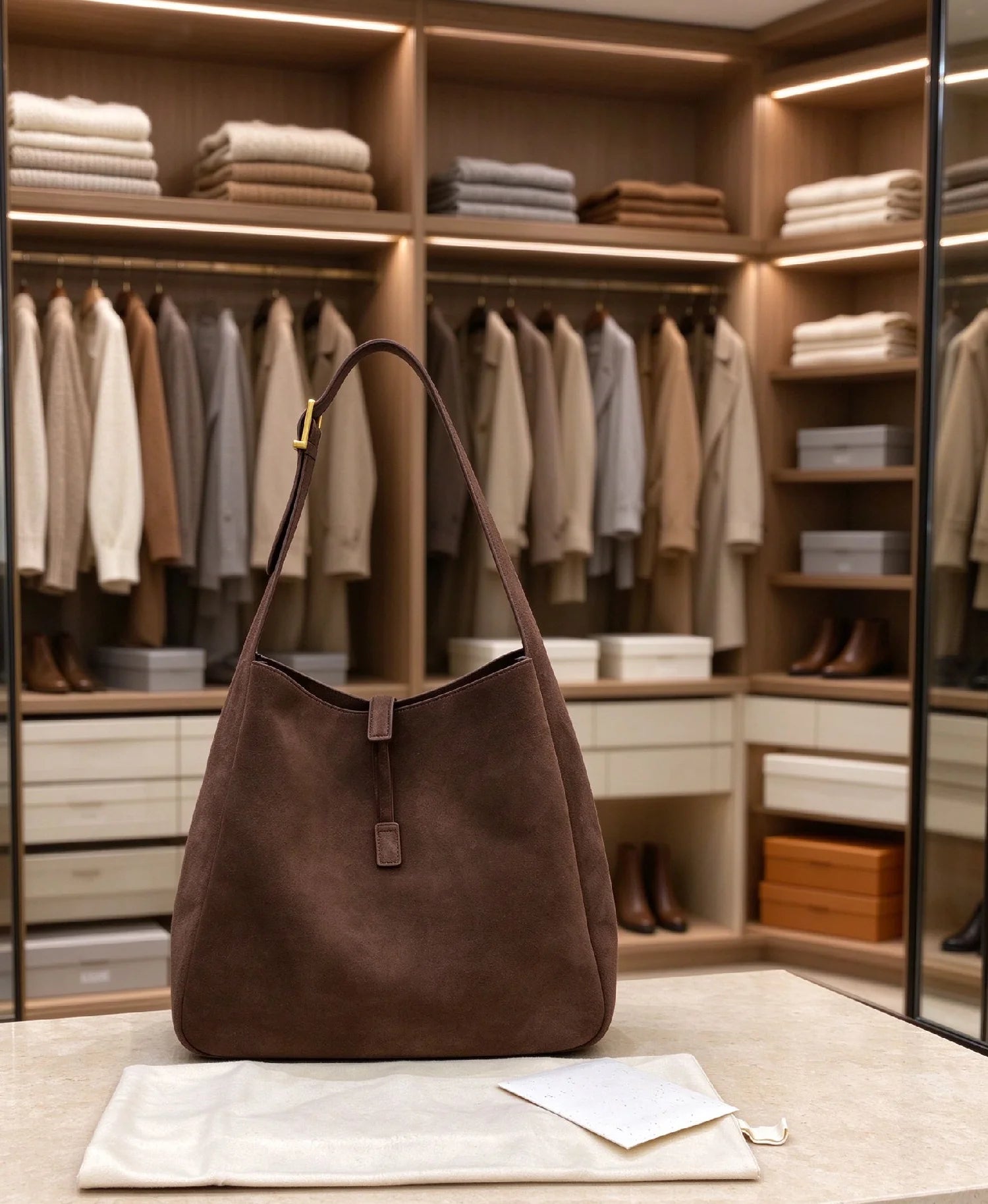 Women's Coffee Brown Suede Hobo Bag — Large Capacity Minimalist Shoulder Purse