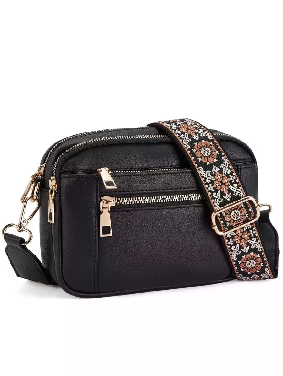Retro Color-Block Square Handbag — Quilted Embroidery Crossbody Purse