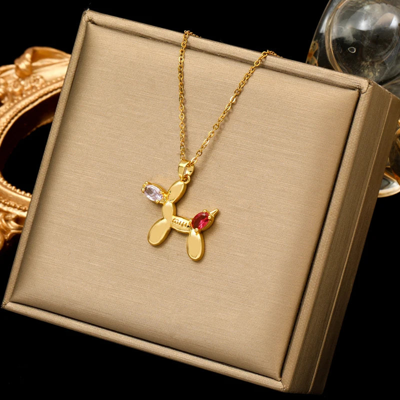 EILIECK Moon Pearl Zircon Puppy Pendant Necklace — Trendy Stainless Steel Jewelry
