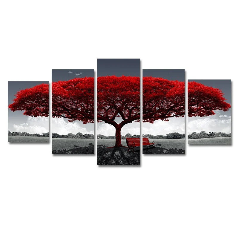 Modern Lucky Tree Canvas Wall Art — 5-Piece Set of Unframed Posters