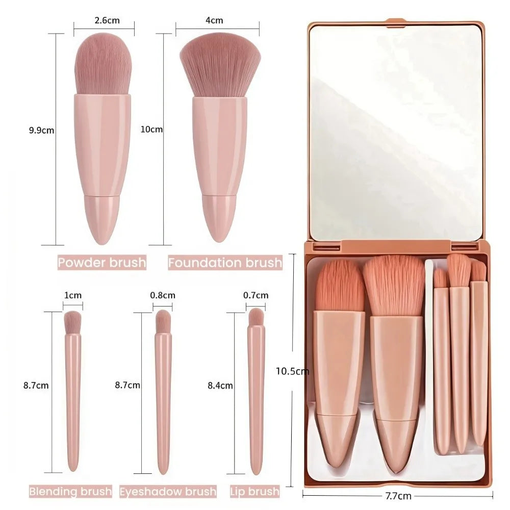 Portable 5-Piece Makeup Brush Set — Compact Beauty Kit with Mirror Case