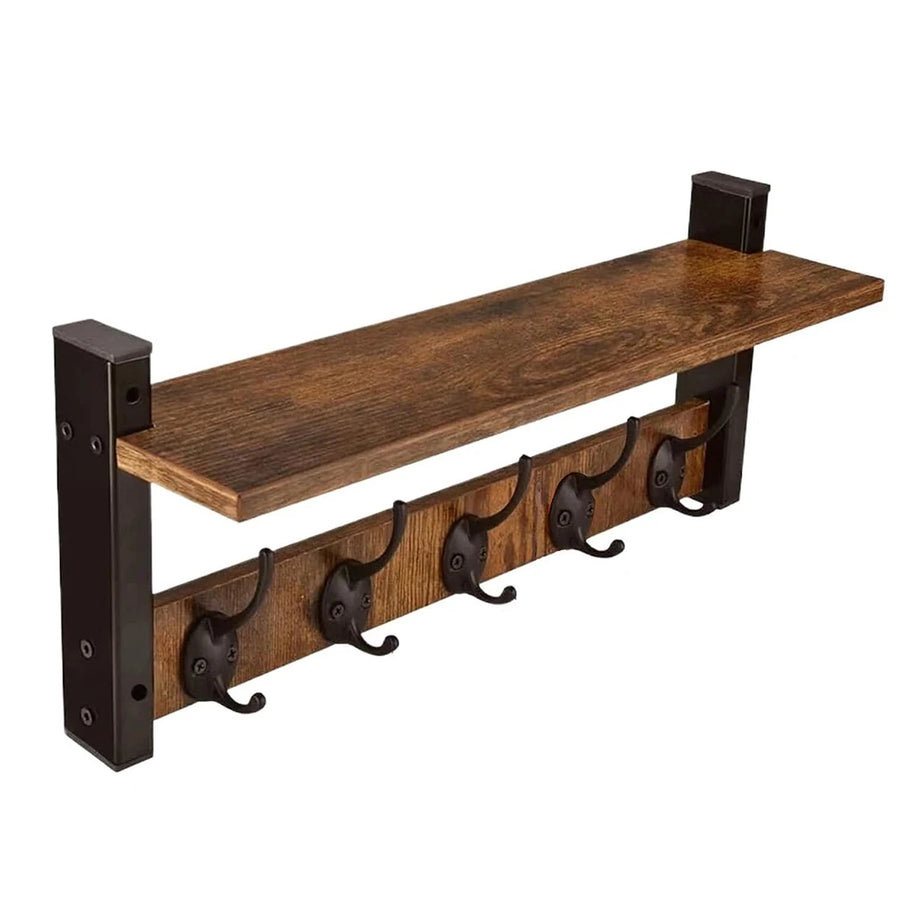 Rustic Wood Wall Shelf Key Holder — Floating Organizer with 5 Hooks