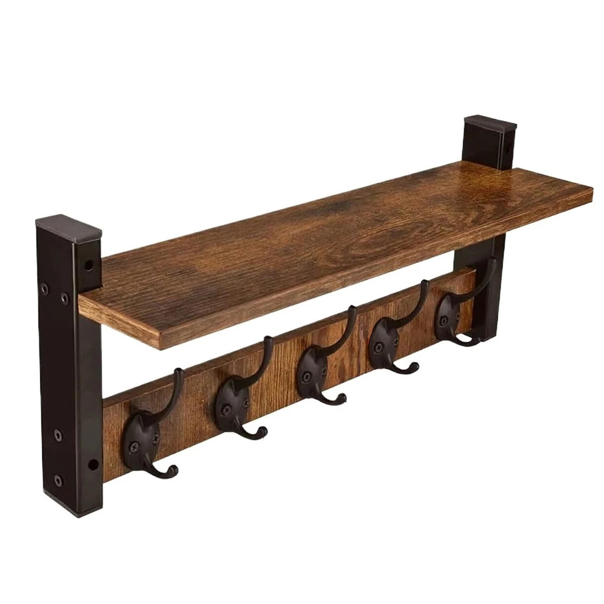 Rustic Wood Wall Shelf Key Holder — Floating Organizer with 5 Hooks