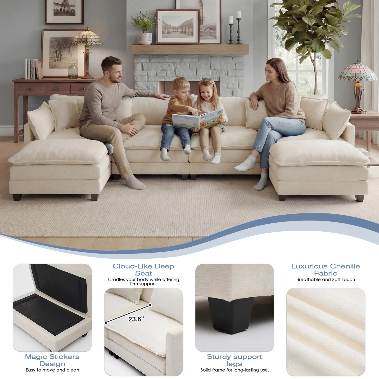 Modular Sectional Sofa with Ottoman — Comfy Cloud Couch with Deep Seating