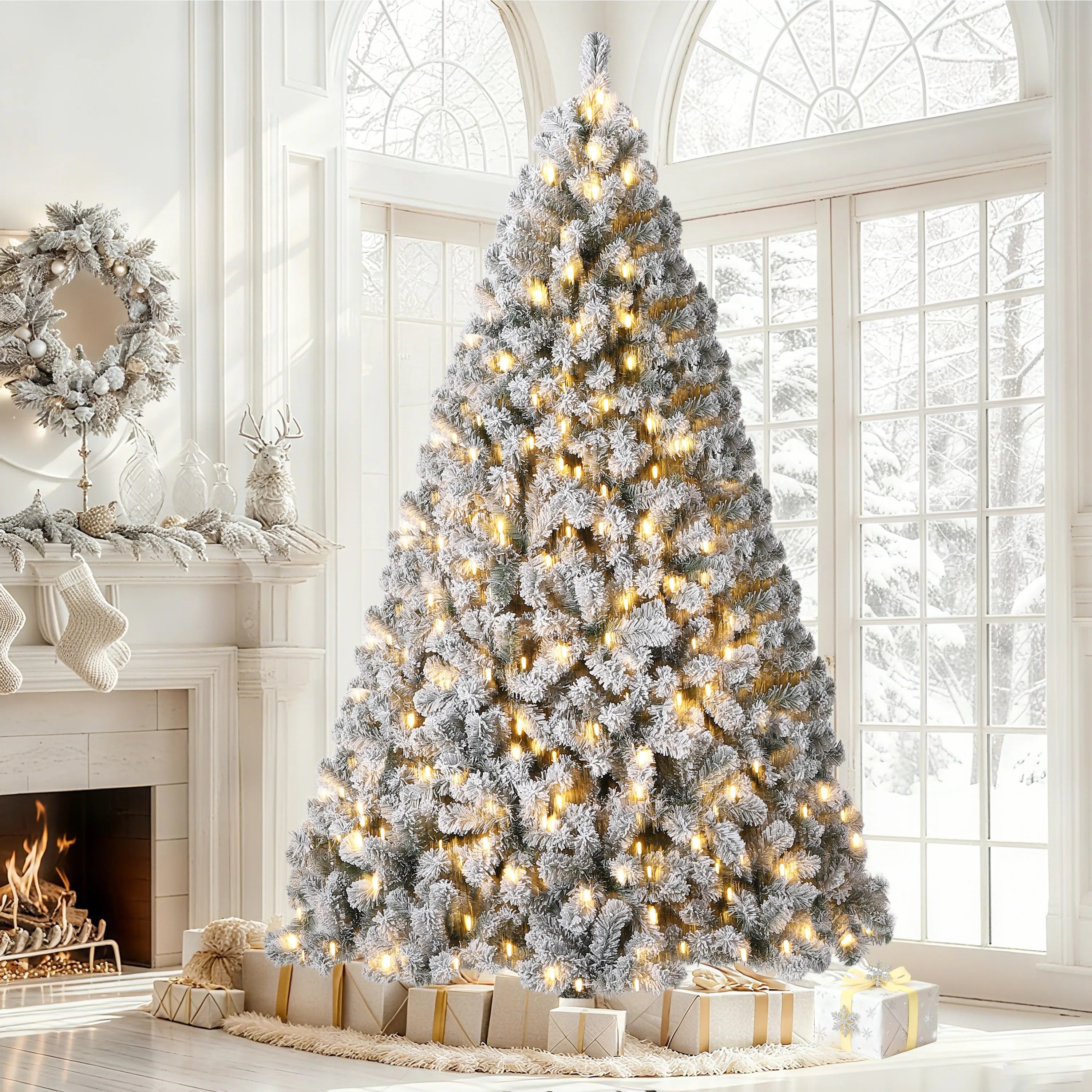 GAOMON Flocked Pre-Lit Artificial Christmas Tree — Snowy Fraser Fir Decor