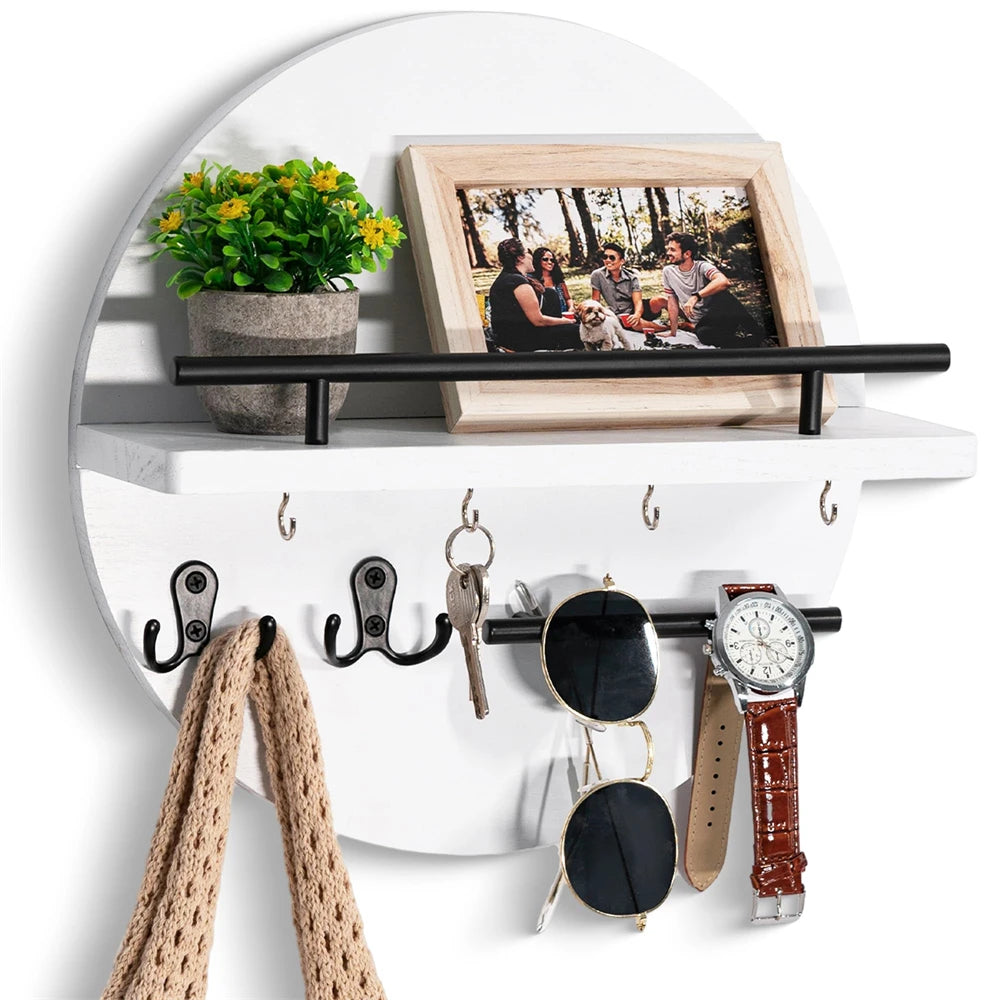 Wooden Wall-Mounted Key Holder — Mail Organizer with Decorative Shelf