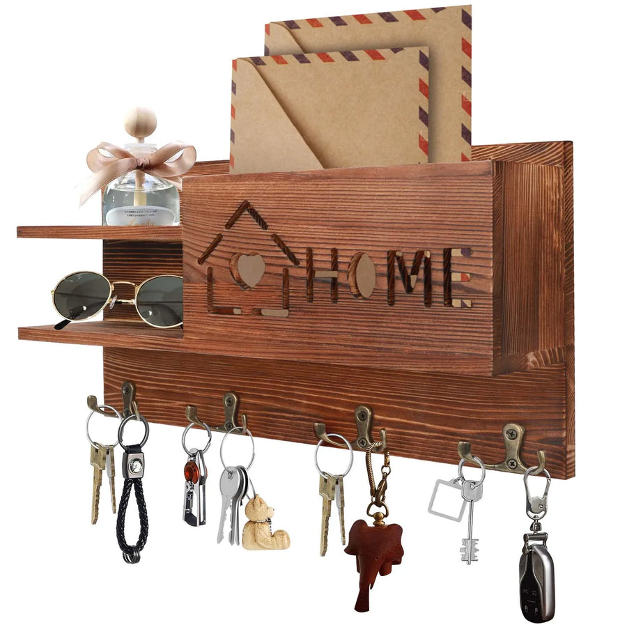 Wooden Mail and Key Organizer — Wall Mounted Storage with 4 Double Hooks