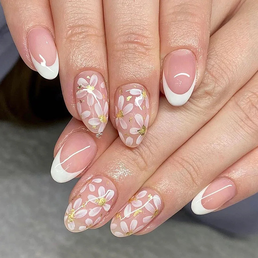 Pink Floral Press-On Nails — Short Almond French Tip Fake Nail Set