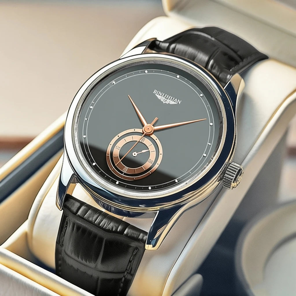 Men's Black Leather Quartz Watch — Elegant Business & Casual Timepiece