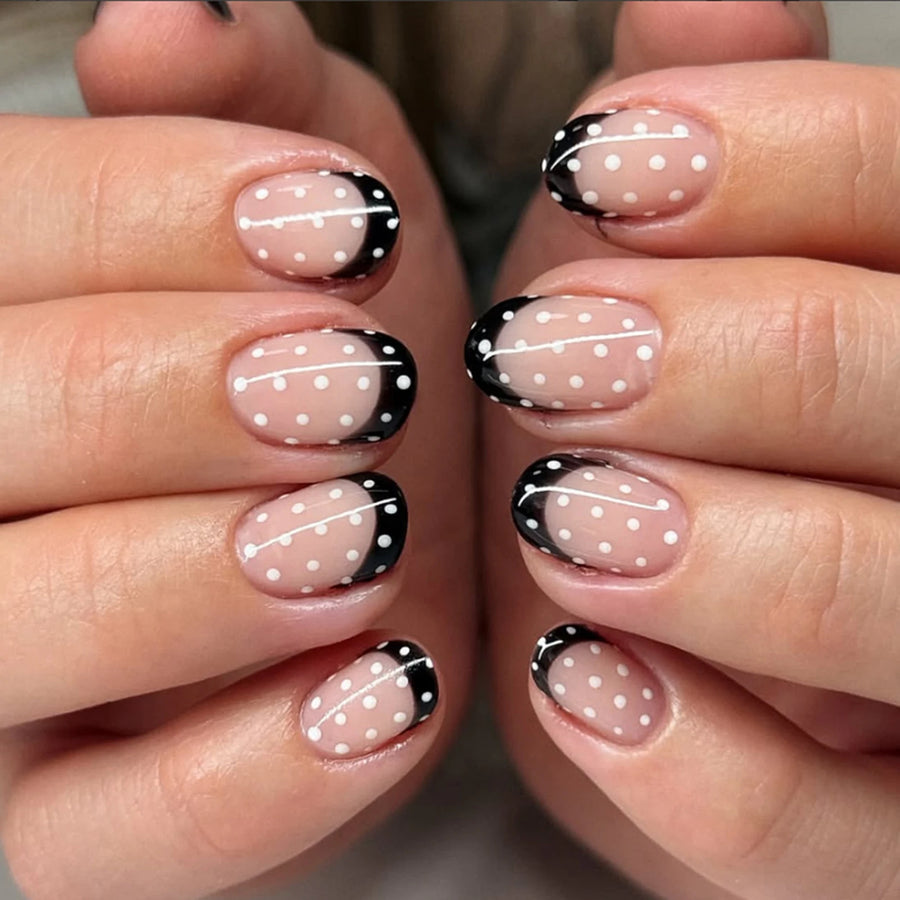 YADORNOS Black French Press On Nails — Polka Dot Short Round False Nails
