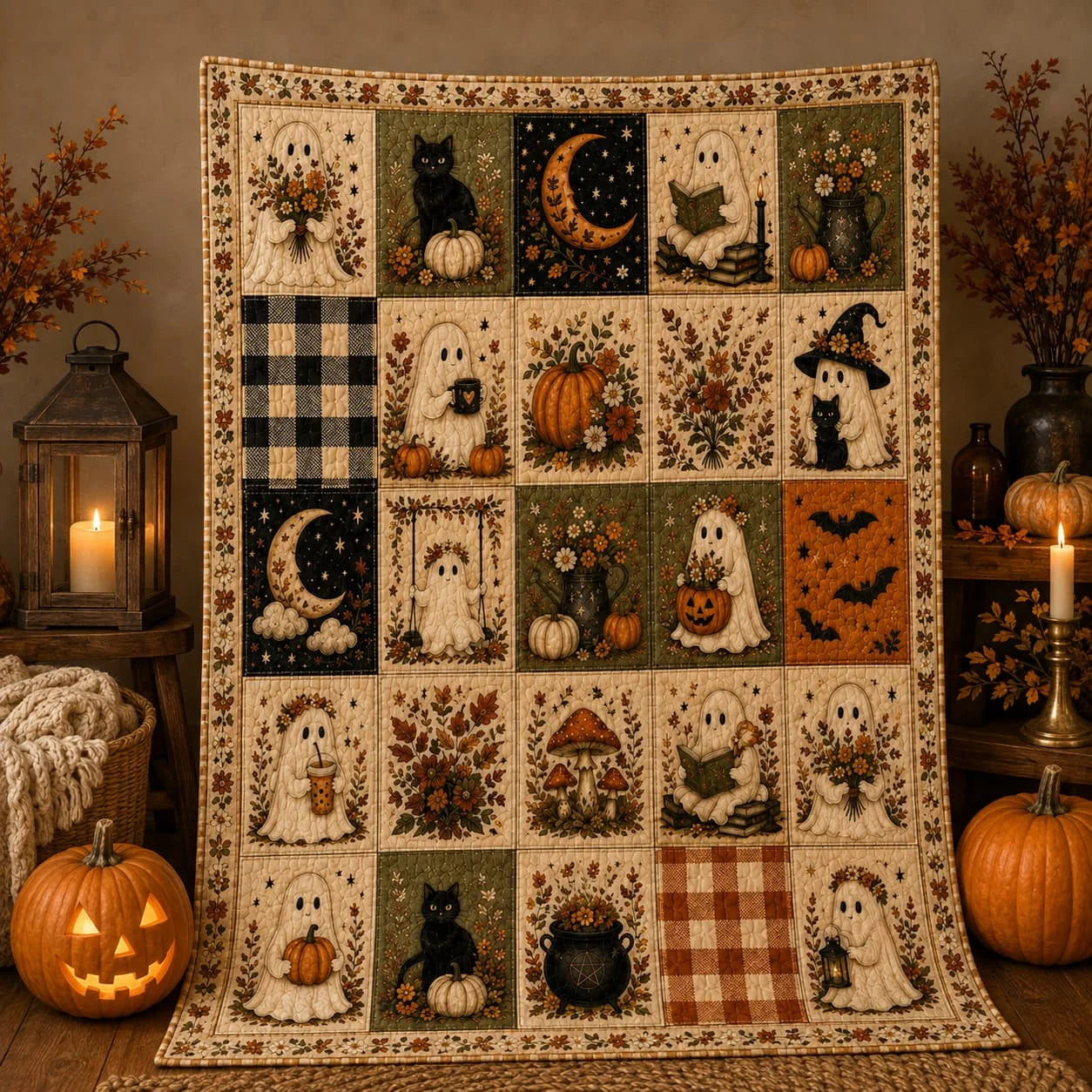 Halloween Ghost and Pumpkin Throw Blanket — Cozy Spooky Season Bedding