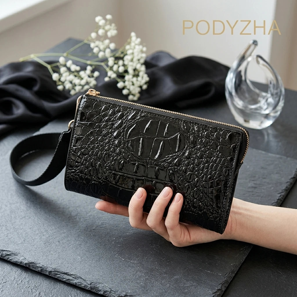 Crocodile Embossed Crossbody Wristlet — Versatile Clutch Bag with Adjustable Strap