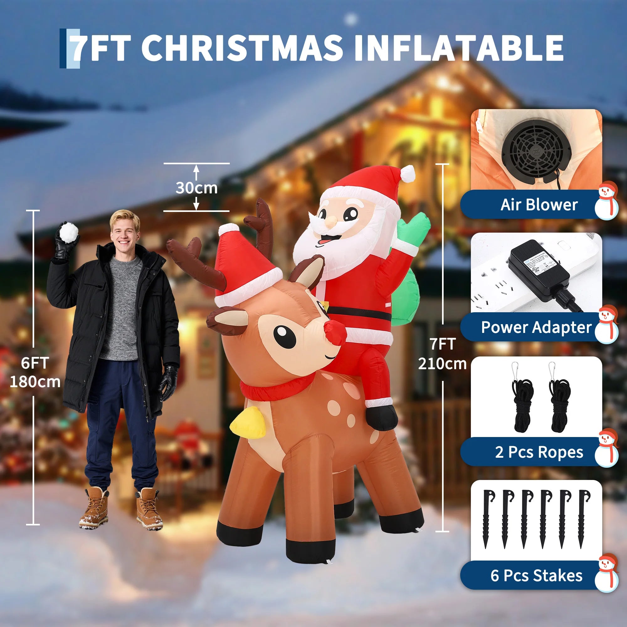 7FT Inflatable Santa Claus and Reindeer — Festive Outdoor Christmas Decor