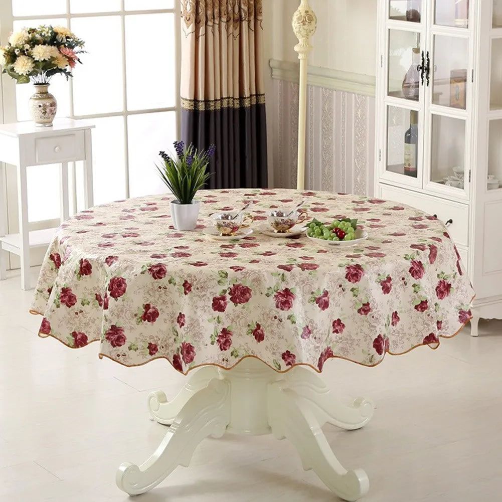 Round Floral PVC Tablecloth — Waterproof & Oilproof Dining Decor