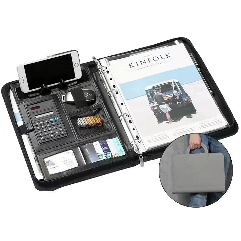PU Leather A4 Conference File Pad — Professional Zippered Binder & Briefcase
