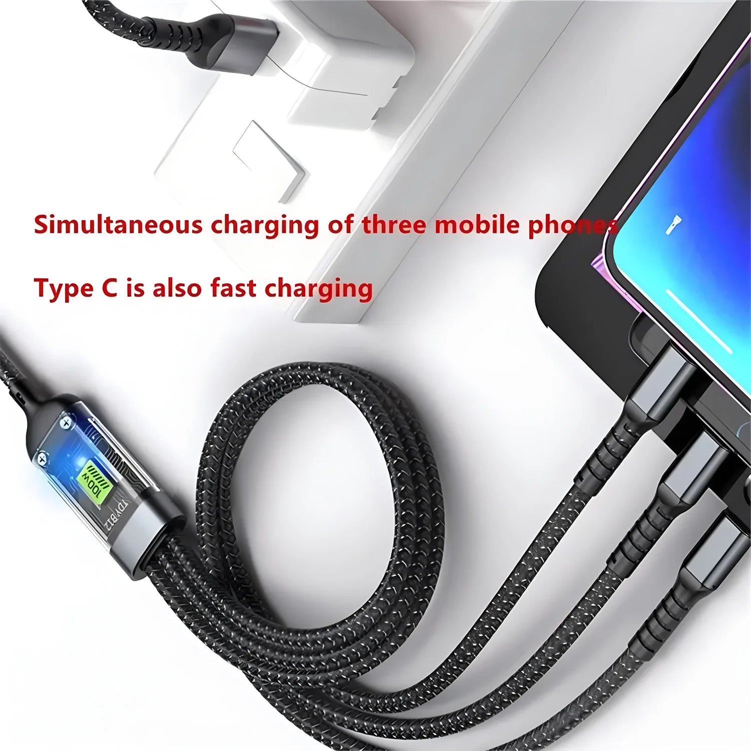 3-in-1 Fast Charging Cable — 100W Nylon Braided Multi-Device Cord