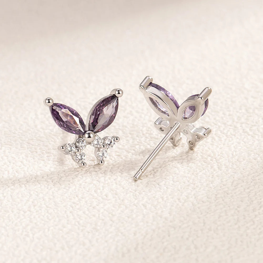 Sterling Silver Butterfly Stud Earrings — Purple Zircon Insect Jewelry