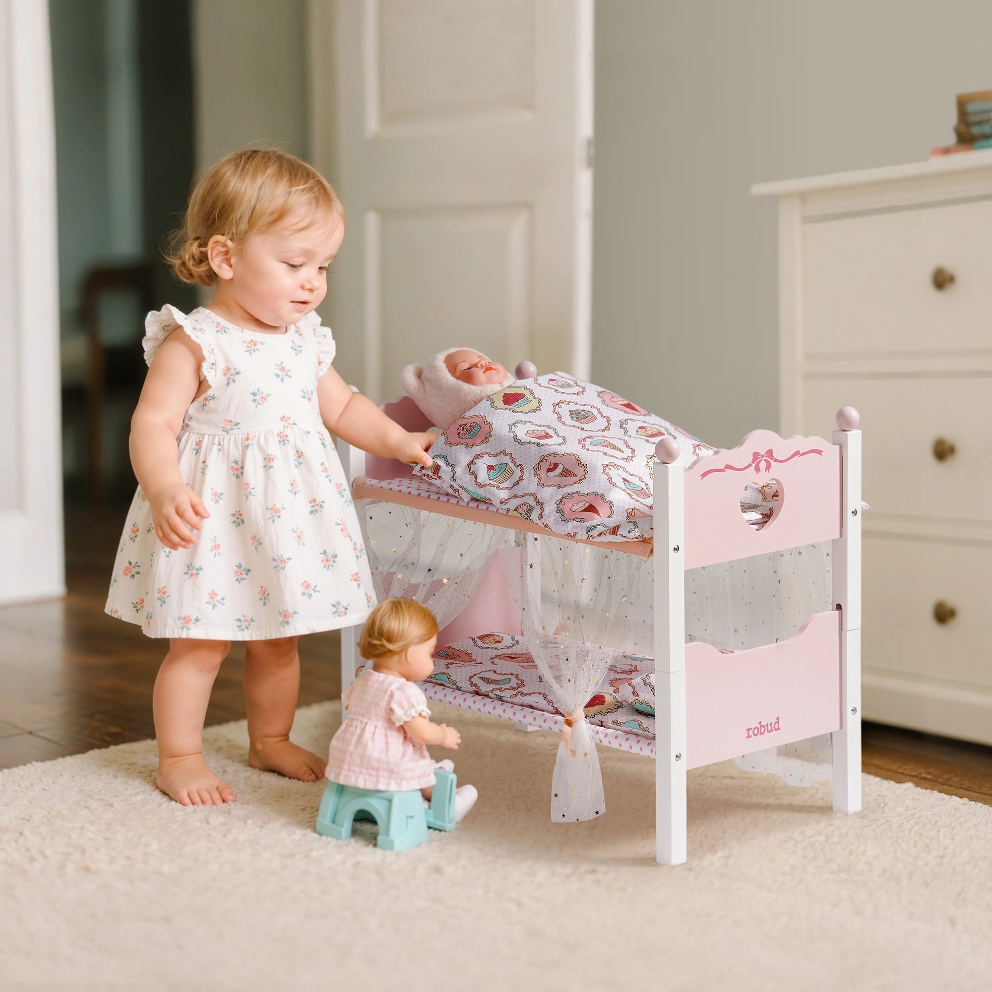 Robud Wooden Baby Doll Bunk Beds — Convertible 2-in-1 Toy Crib Set