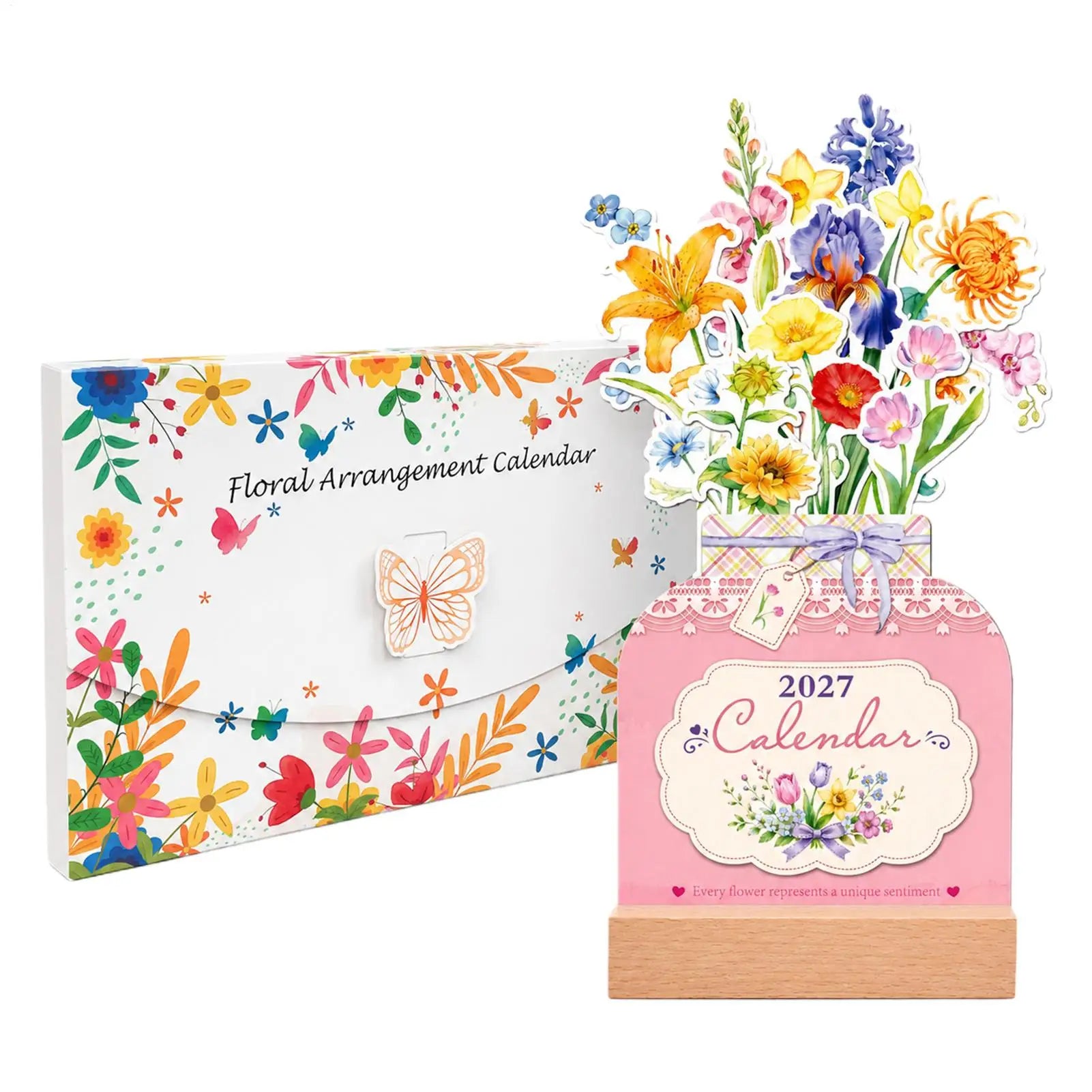 2027 Floral Desk Calendar — Monthly Planner with Wooden Vase Base