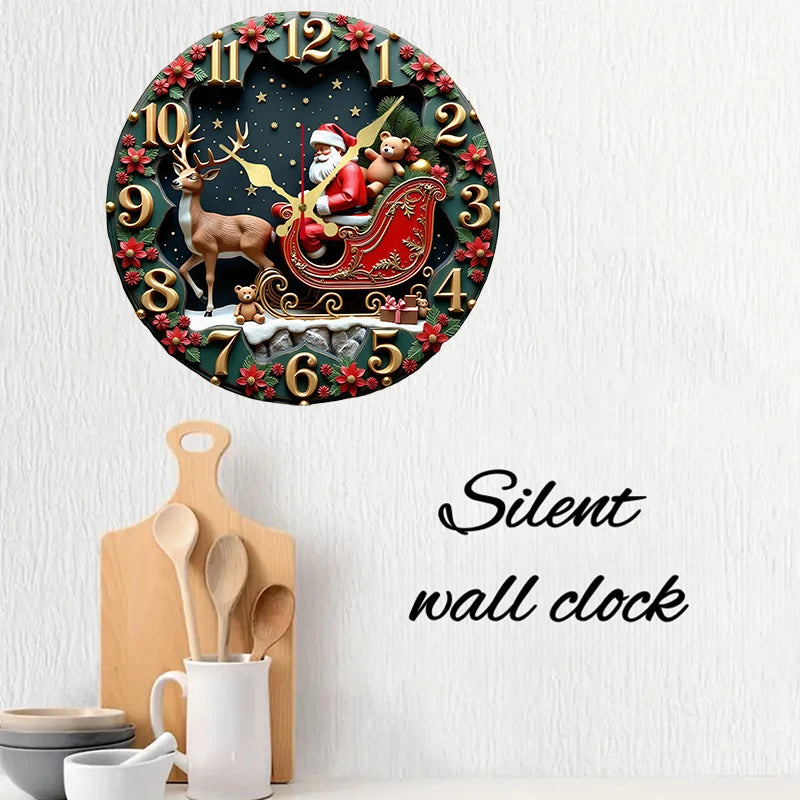 Wooden Santa and Reindeer Wall Clock — Silent Hanging Holiday Decor