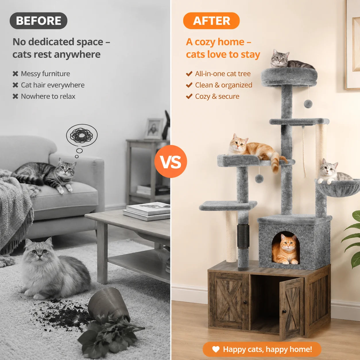 3-in-1 Modern Cat Tree — Hidden Litter Box & Activity Center