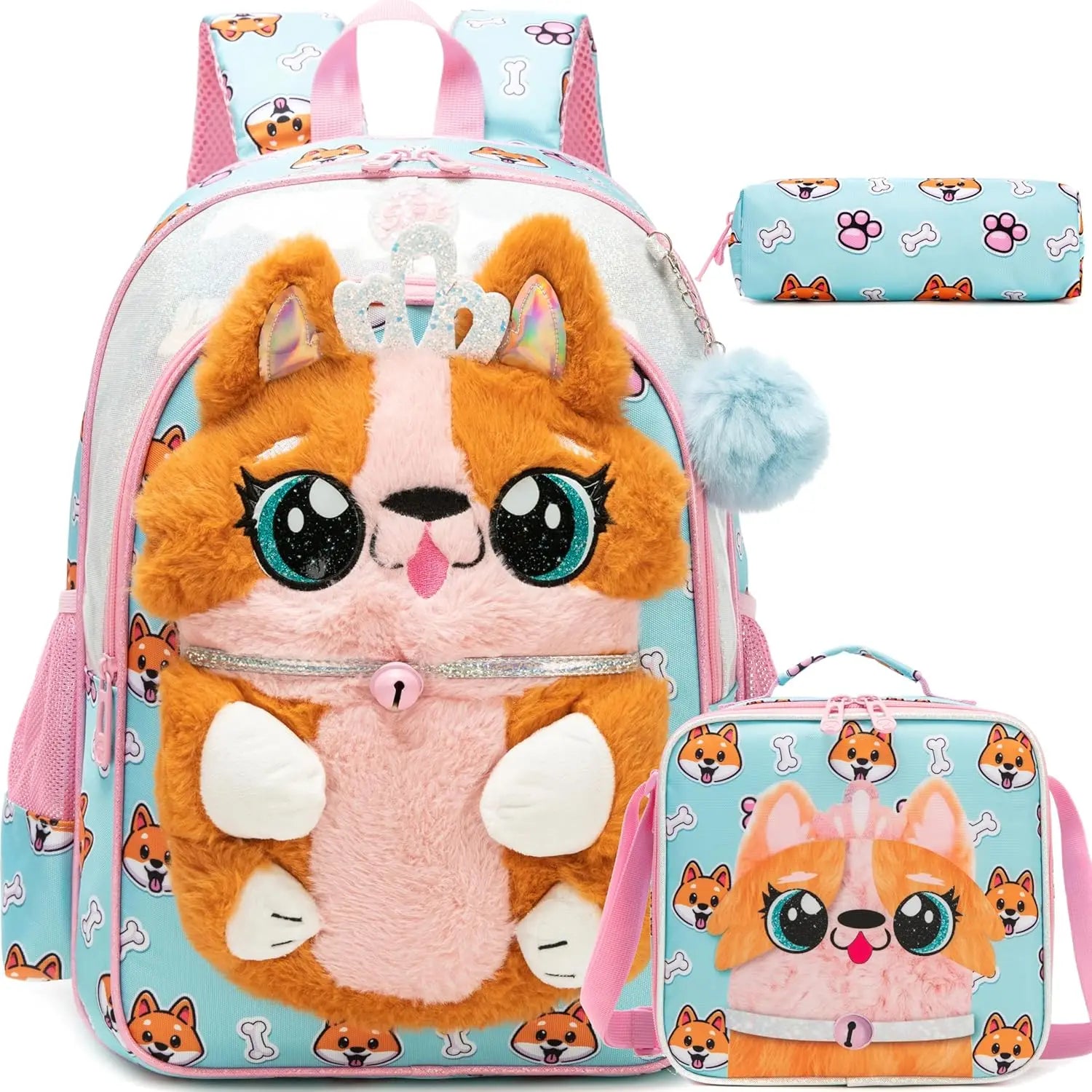 Cute Cartoon Plush Kids Backpack Set — School Bag with Lunch Box and Pencil Case