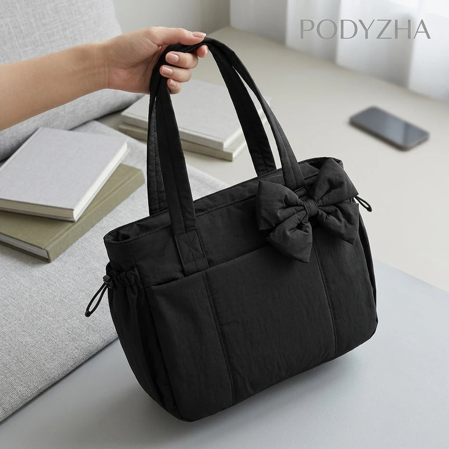 Padded Multi-Compartment Tote Bag — Water-Resistant Laptop Handbag with Bow