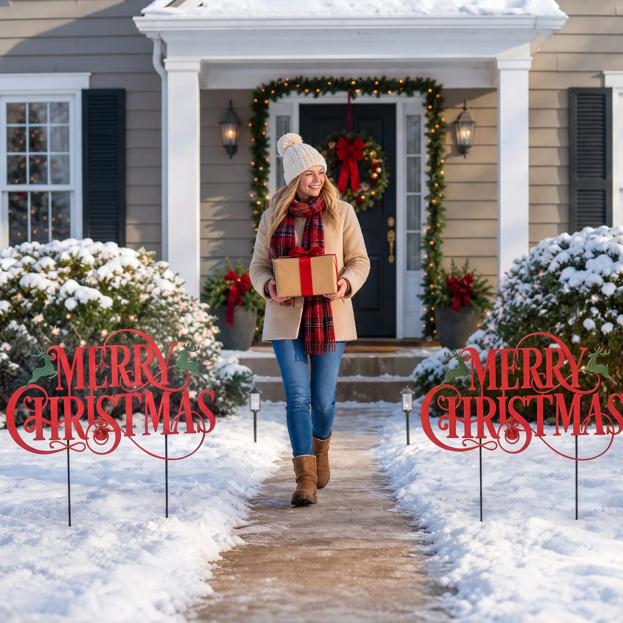 Merry Christmas Reindeer Yard Signs — Metal Garden Stakes for Outdoor Decor