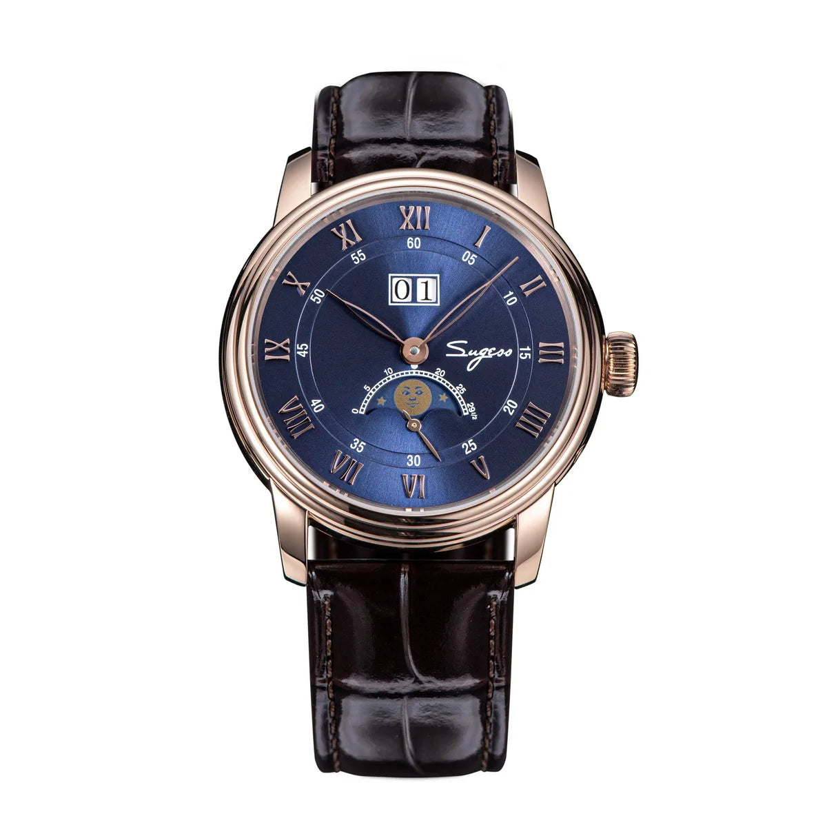 SUGESS Moonphase Automatic Watch — Blue Sandstone Dial & Sapphire Crystal