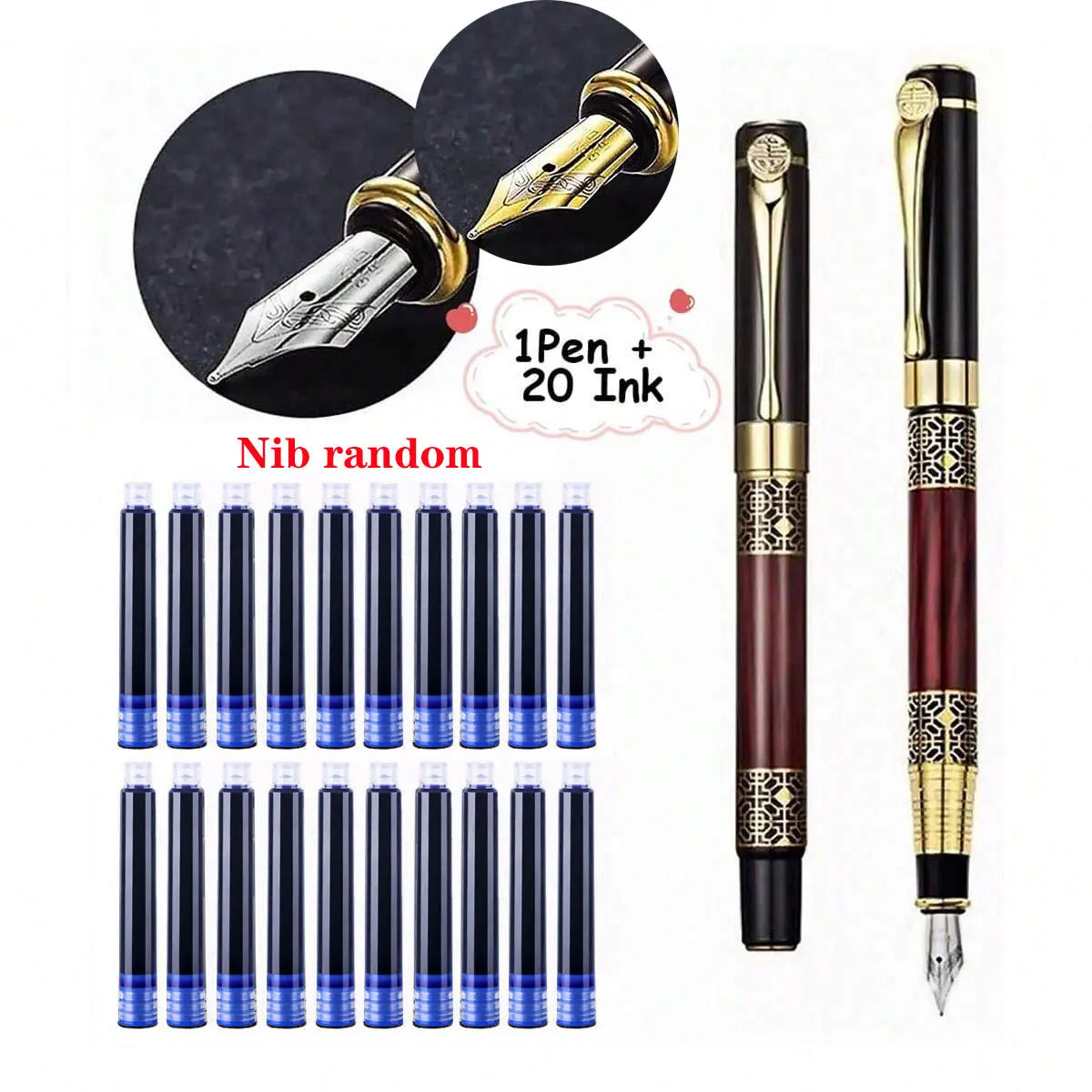 Retro Metal Fountain Pen — Elegant Writing Instrument with Wood Texture