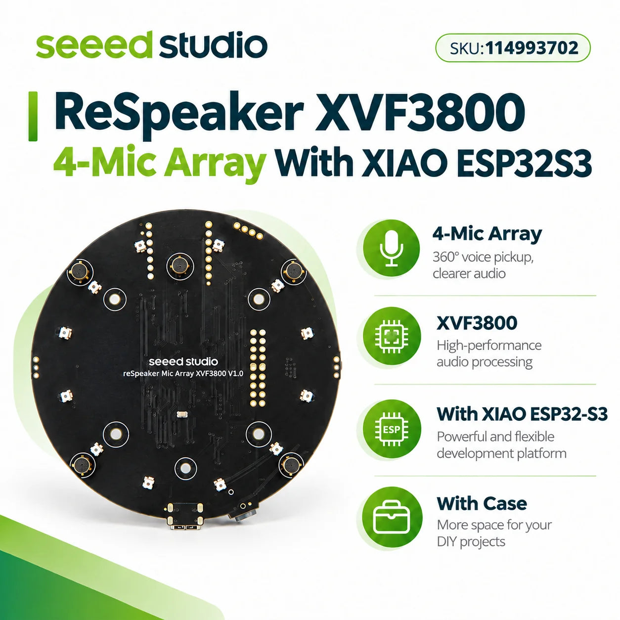 Seeed Studio XVF3800 USB Conference Microphone — 4-Mic Array with AI Audio