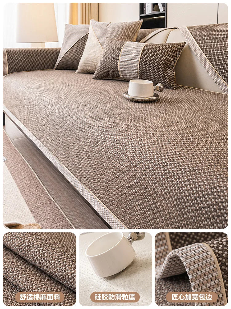 Woven Cotton and Linen Sofa Cover — Non-Slip All-Season Cushion Protector